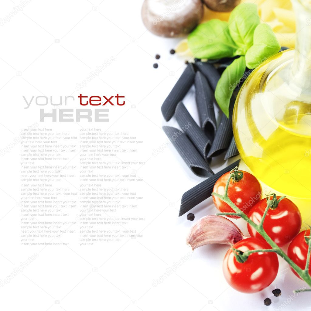 Pasta ingredients (Penne, olive oil, basil, mushrooms, tomato,garlic) With sample text