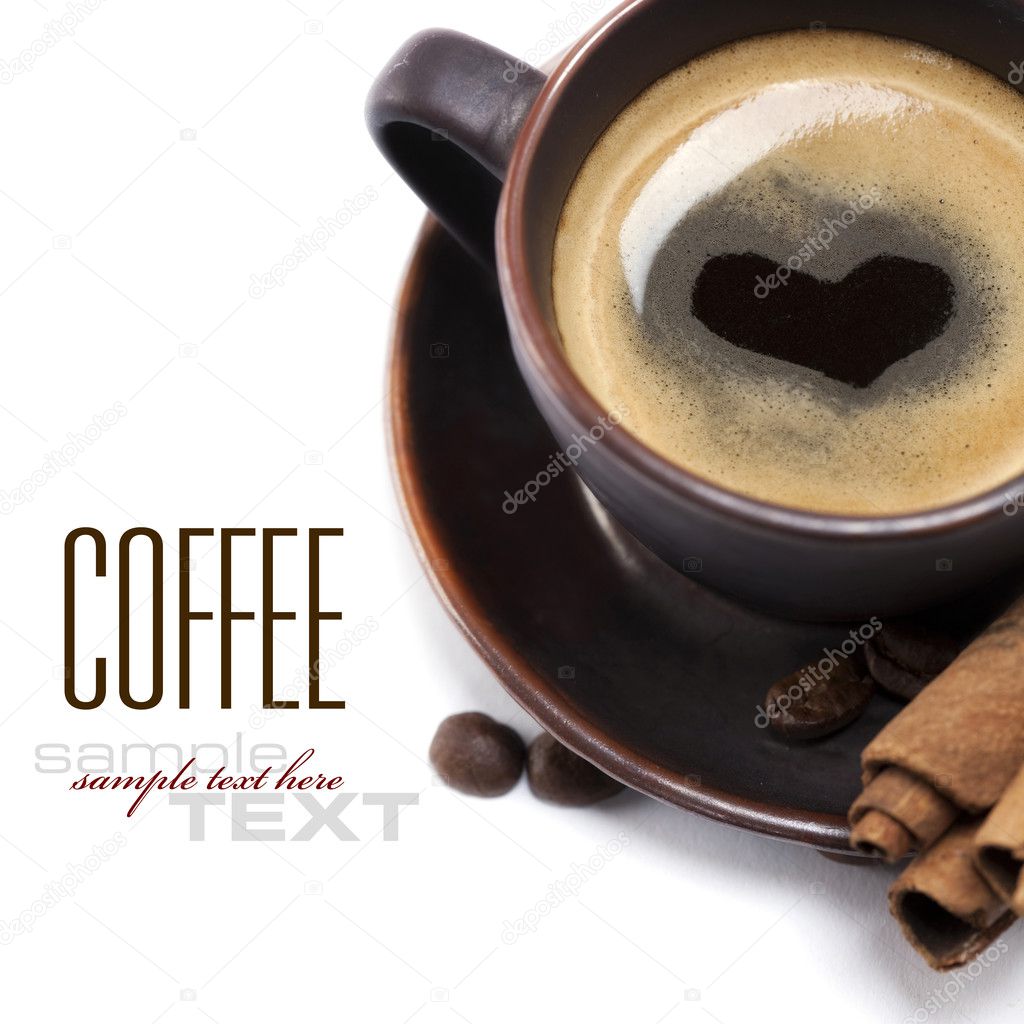 Cup Of Coffee With Heart Image On White Background (with sample text)