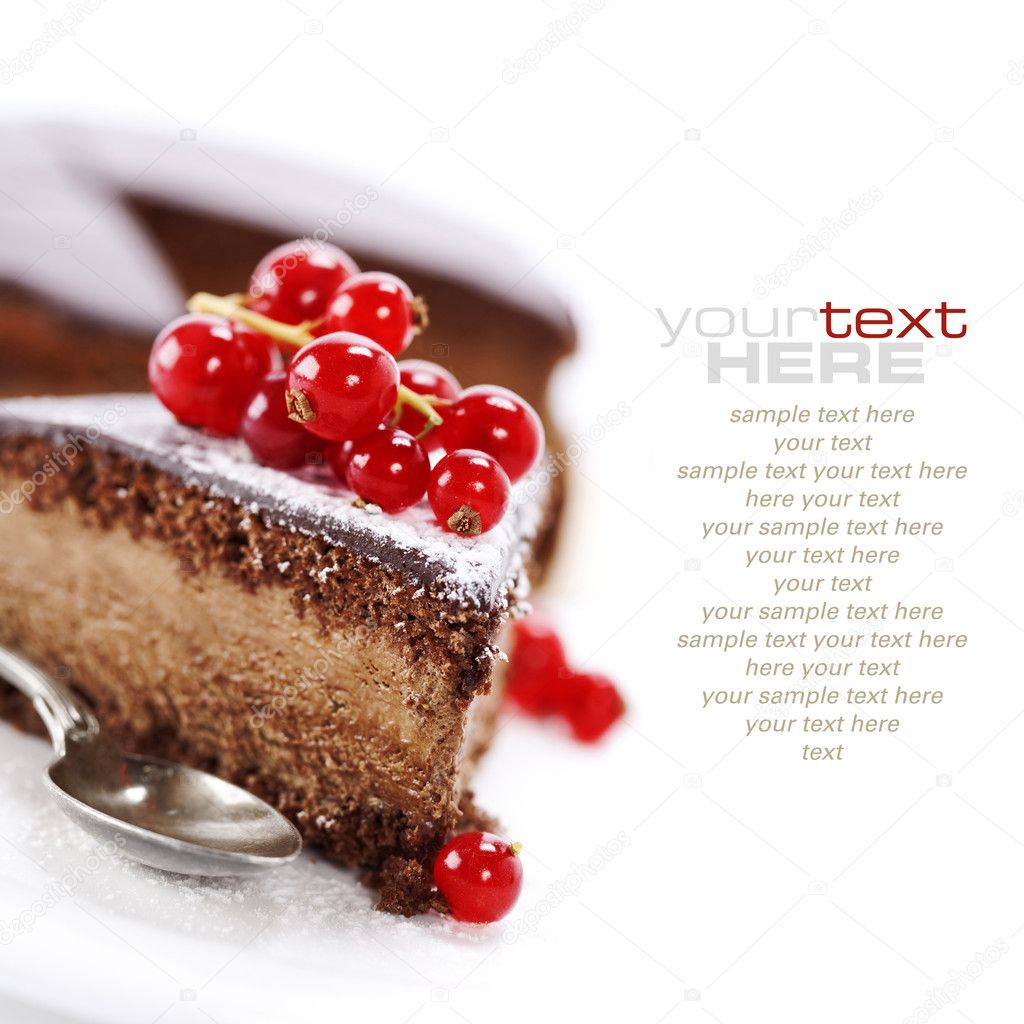 Slice of delicious chocolate cake over white (easy removable sample text)