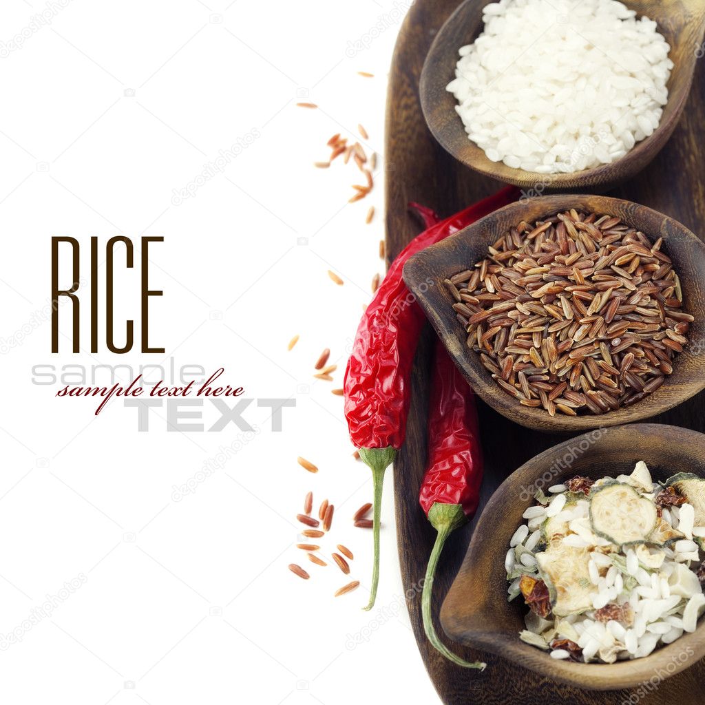 Bowls of uncooked rice over white with sample text