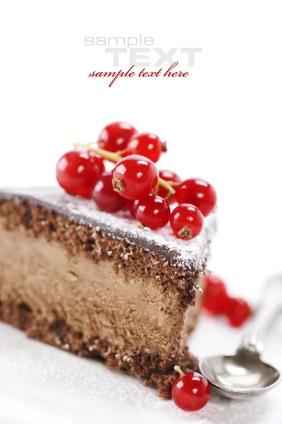 Segment Van Heerlijke Chocolade Taart Wit Eenvoudig Verwisselbare Voorbeeldtekst — Stockfoto