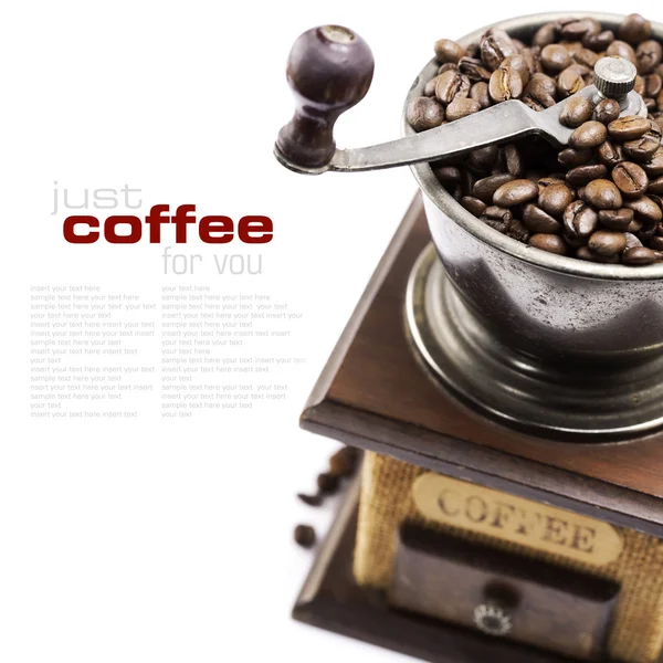 Młynek Kawy Vintage Ziaren Kawy Przykładowy Tekst — Zdjęcie stockowe