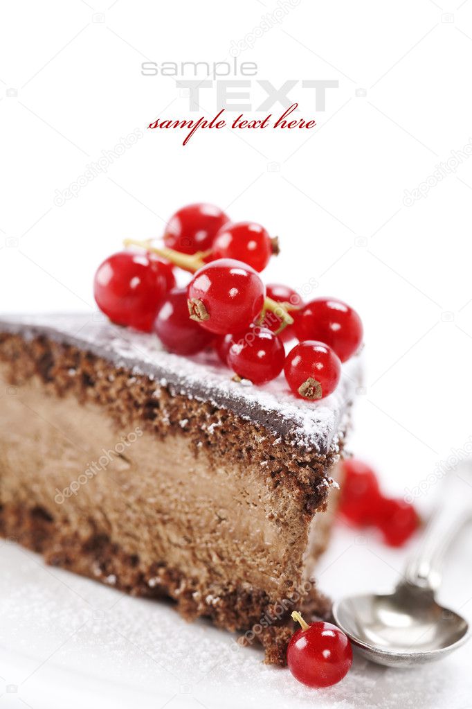 Slice of delicious chocolate cake over white (easy removable sample text)