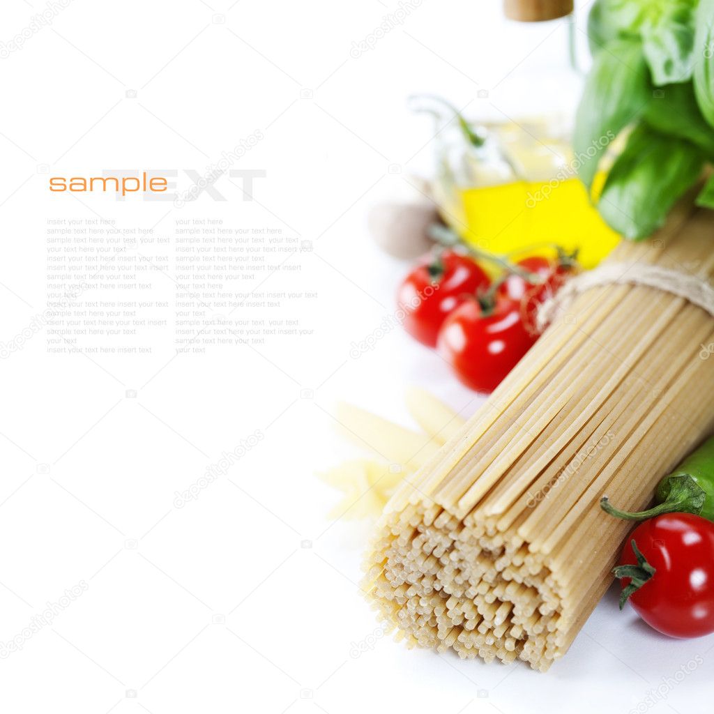 Italian Pasta with tomatoes, mushrooms, olive oil and basil on a white background (with space for text)