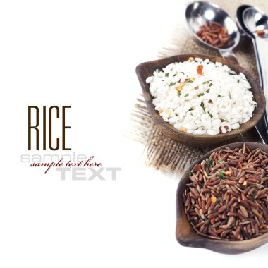 Bowls of uncooked rice over white with sample text clipart