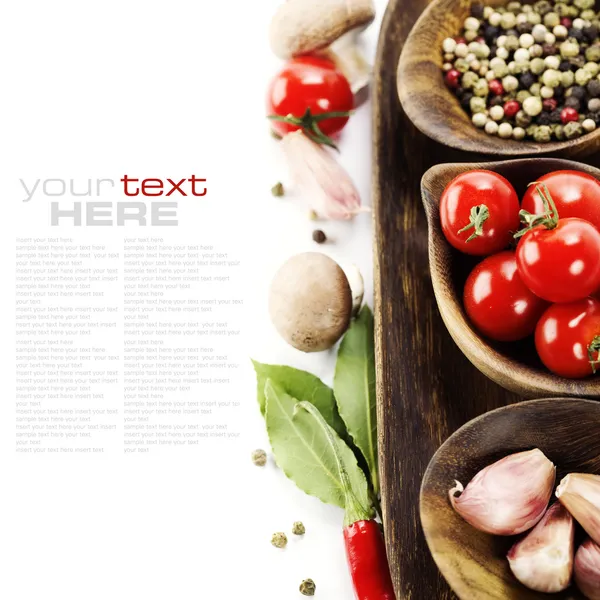Fresh Herbs Spices Tomatoe Garlic Pepper Mushroom Bay Leaves Sample — Stock Photo, Image