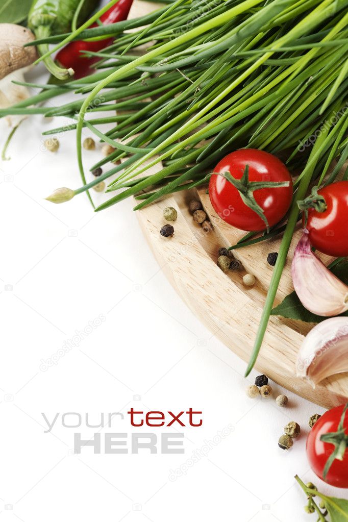 Tomatos, chives, peppers and garlic on white background. With sample text