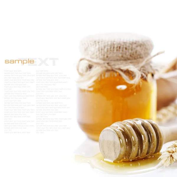 Full Honey Pot Honey Stick White Sample Text — Stock Photo, Image