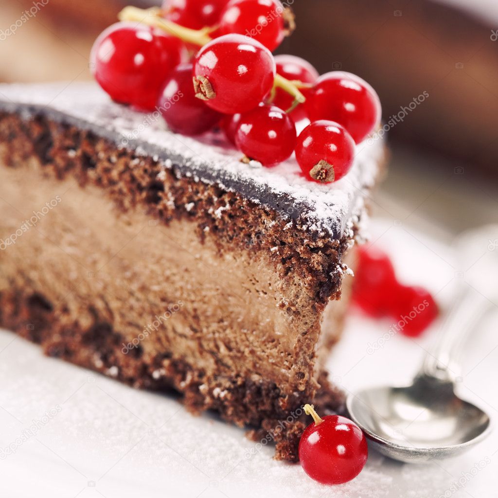 Slice of delicious chocolate cake with fresh berry