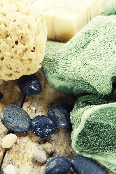 stock image Soap, natural sponge and towel