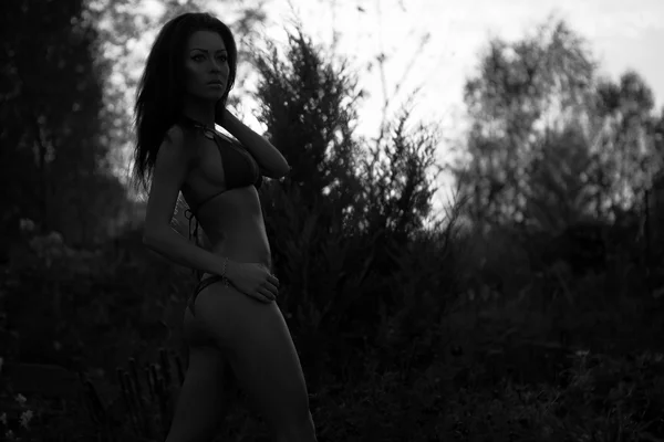 Black-white portrait of young sexy woman posing in bikini. — Stock Photo, Image