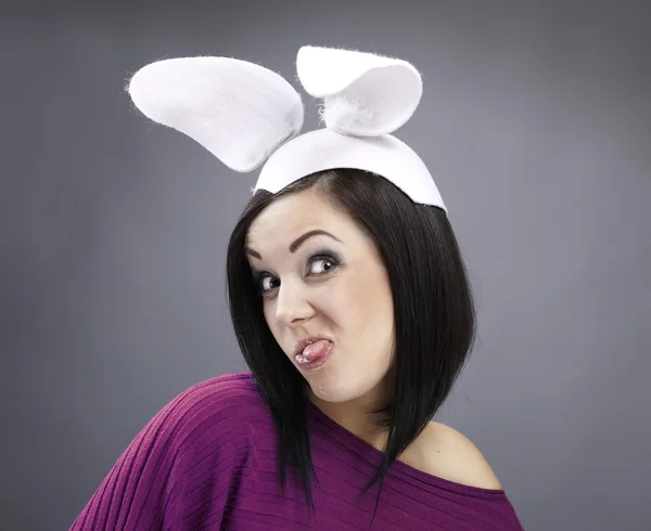 Funny Brunette Bright Sweater Rabbit Ears Her Head — Stock Photo, Image