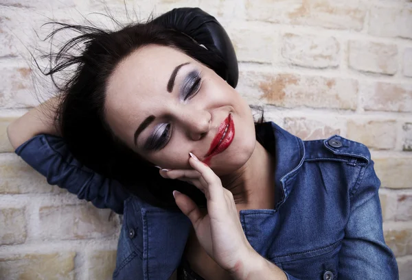 Depressed Young Brunette Smeared Lipstick Her Face — Stock Photo, Image
