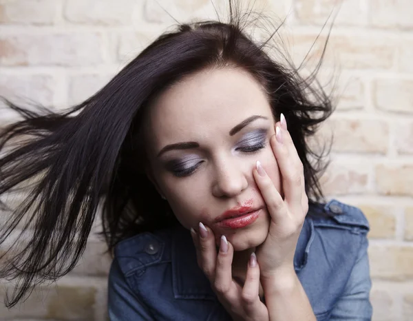 Depressed Young Brunette Smeared Lipstick Her Face — Stock Photo, Image