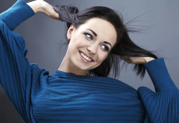 Young Woman Turquoise Sweater Studio Close Fashion Portrait — Stock Photo, Image