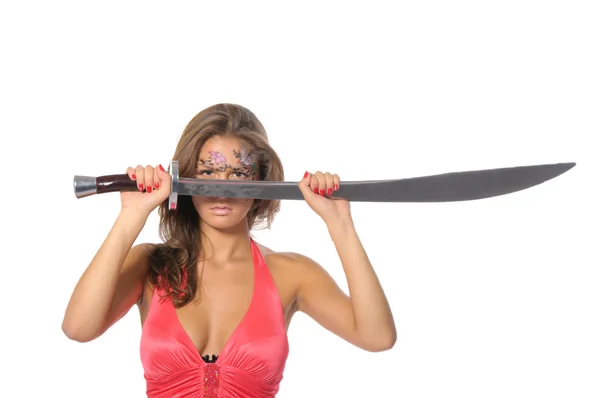 Genç kadın kılıç tutan — Stok fotoğraf
