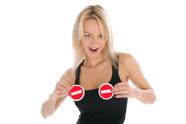 Сексуальные женщины держат два запрещающих знака — стоковое фото
