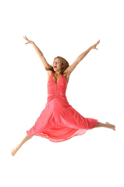 Szczęśliwa młoda kobieta w skok — Zdjęcie stockowe
