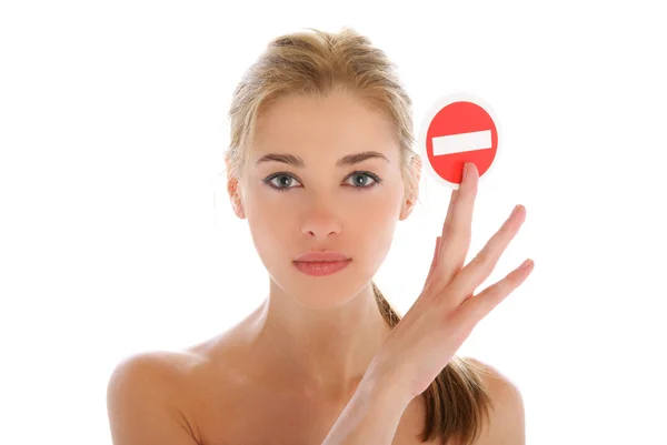 Beautiful woman with prohibiting sign — Stock Photo, Image