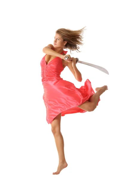 Jovem mulher no salto com espada — Fotografia de Stock