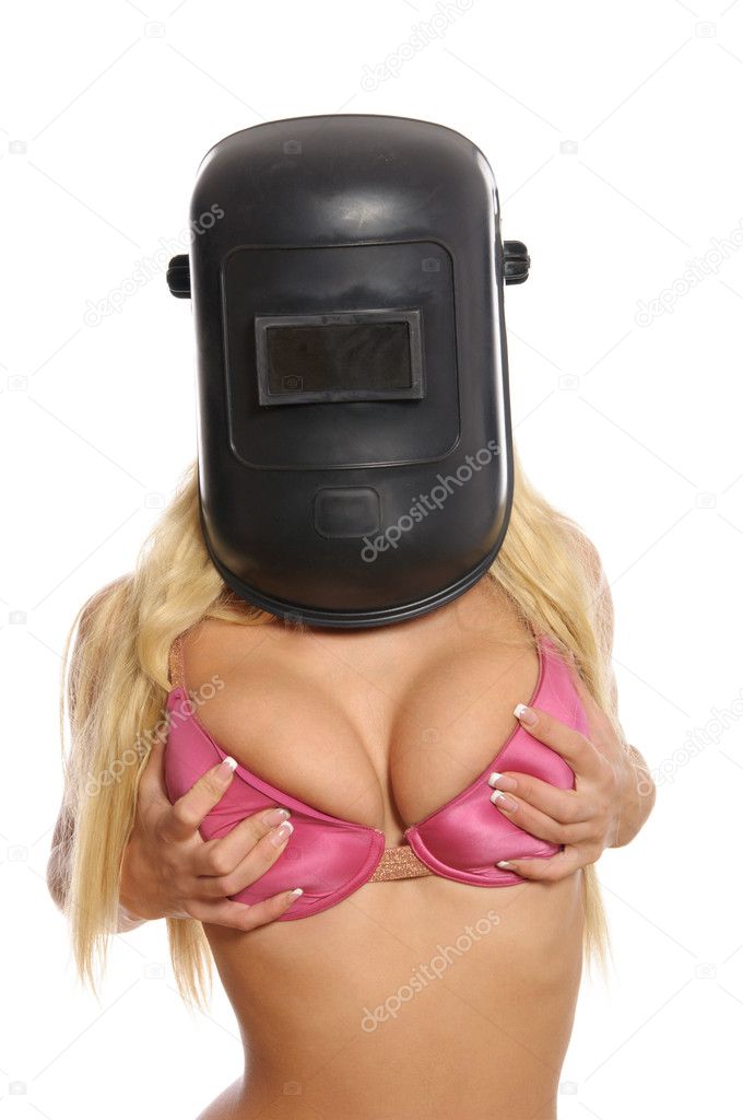Sexual woman in mask for welding