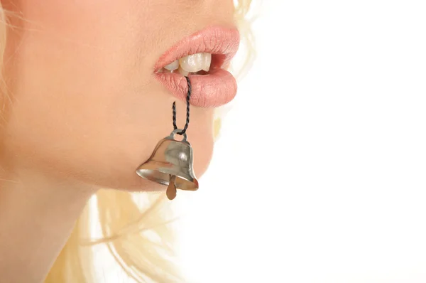Красива Жінка Ручним Дзвіночком Губі Ізольована Білому — стокове фото