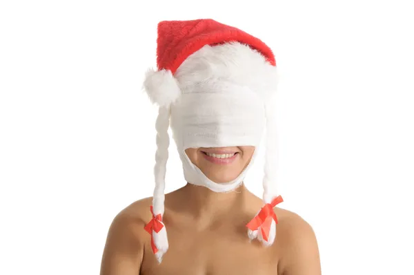 Mujer Joven Con Cabeza Vendada Gorra Navidad Aislada Blanco — Foto de Stock