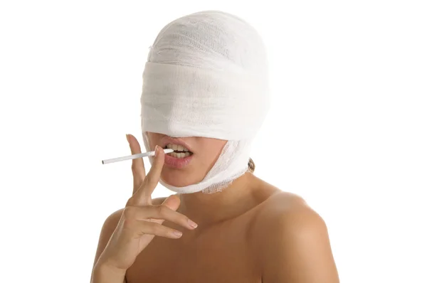 Young Woman Bandaged Head Cigaret Isolated White — Stock Photo, Image