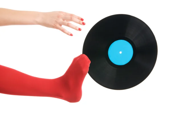 Kvinnliga Fötter Med Vinylskiva Isolerade Vitt — Stockfoto