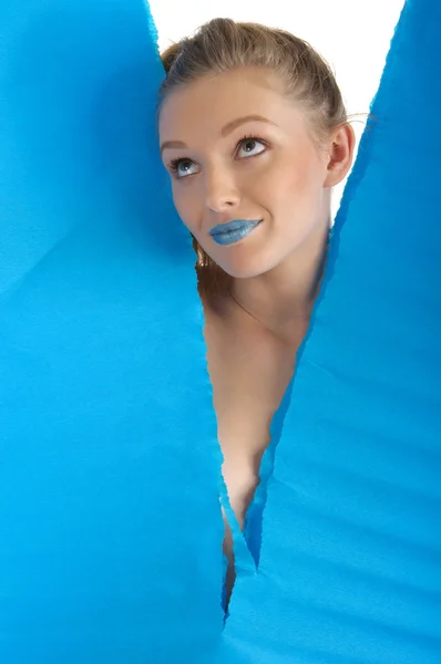 Mujer Joven Con Hoja Papel Azul Aislada Blanco —  Fotos de Stock
