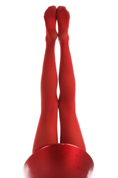 Weibliche Füße Roten Strümpfen Isoliert Weiß — Stockfoto