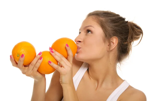 Junge Frau Mit Drei Orangen Isoliert Weiß — Stockfoto