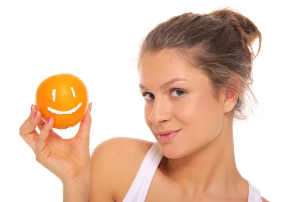 Woman Holds Orange Smile Isolated White — Stock Photo, Image