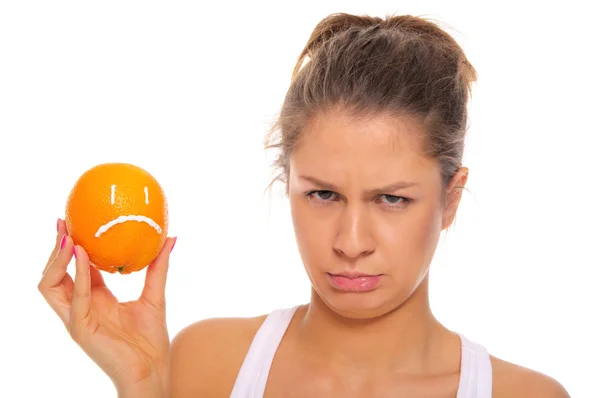 Mulher ofendida com laranja insatisfeito — Fotografia de Stock
