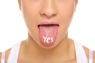 Woman puts out the tongue with an inscription yes isolated in white clipart