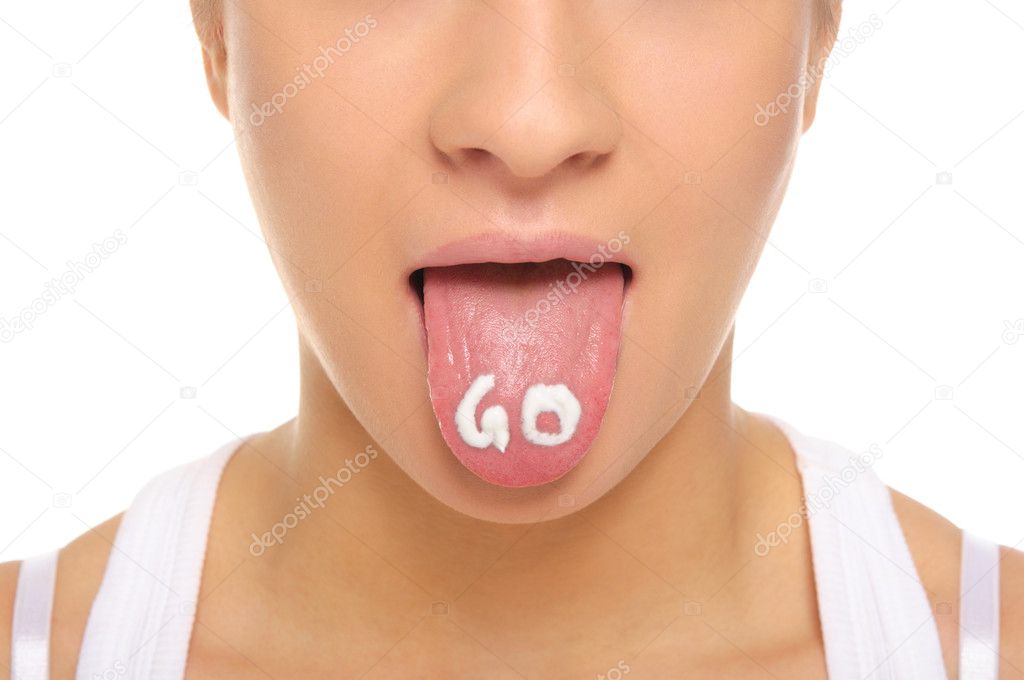 Woman puts out the tongue with an inscription go isolated in white