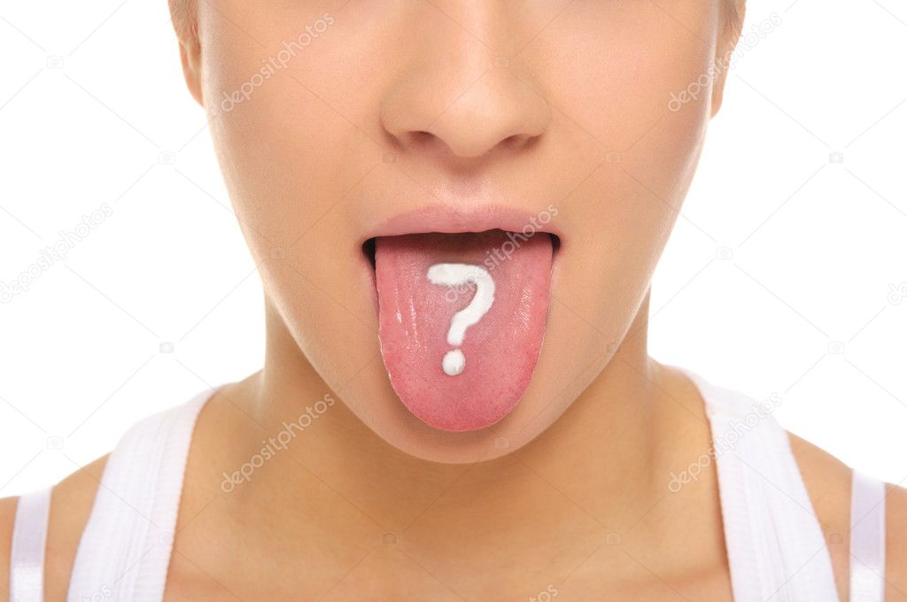 Beautiful woman puts out tongue with drawn question mark