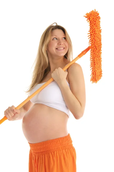 Mujer Embarazada Feliz Con Una Fregona Aislada Blanco —  Fotos de Stock