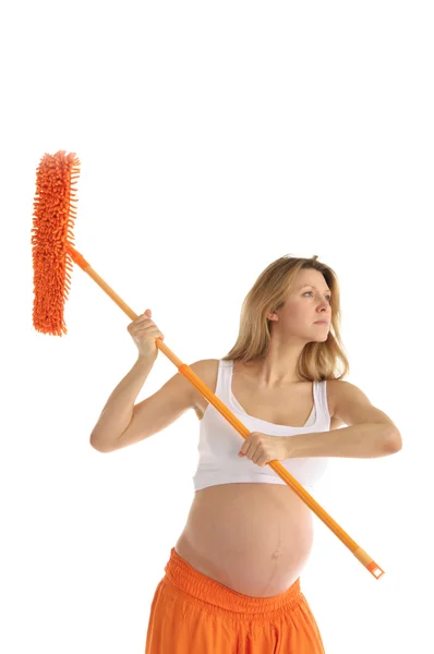 Pregnant woman with a mop — Stock Photo, Image