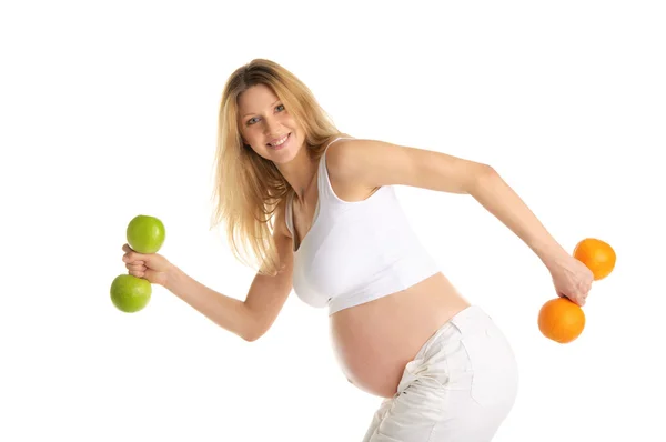 Mujer Embarazada Involucrada Pesas Fitness Hechas Manzanas Naranjas — Foto de Stock