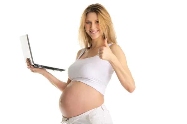 Mujer Embarazada Feliz Con Portátil Aislado Blanco — Foto de Stock