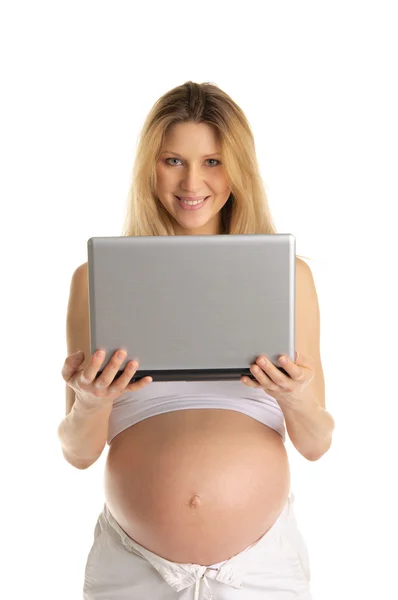 Mujer Embarazada Feliz Con Portátil Aislado Blanco —  Fotos de Stock