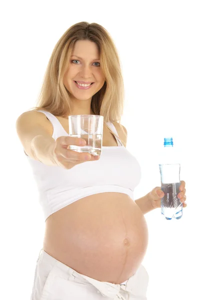 Mujer Embarazada Sostiene Vaso Agua Aislado Blanco — Foto de Stock