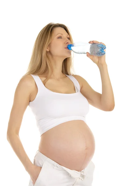 Mulher Grávida Bebe Água Uma Garrafa Isolada Branco — Fotografia de Stock