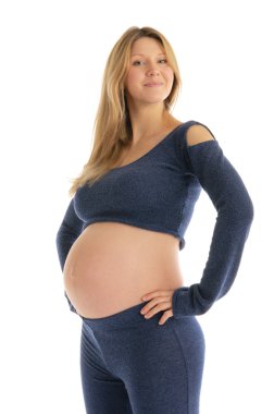 Happy pregnant woman in a dark suit isolated clipart