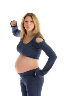 Aggressive pregnant woman in a dark suit isolated on white clipart