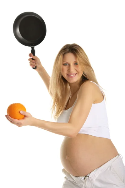 Беременная Женщина Играет Теннис Оранжевый Кастрюлю Изолированы Белом — стоковое фото
