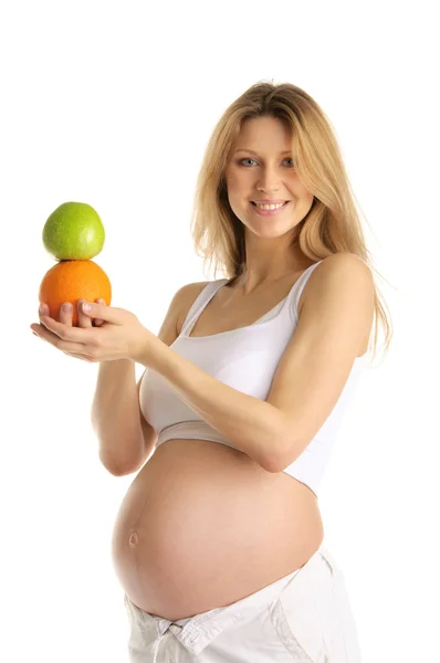 Έγκυος Γυναίκα Μήλα Και Πορτοκάλια Που Απομονώνονται Λευκό — Φωτογραφία Αρχείου