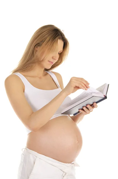 Mujer Embarazada Leyendo Libro Aislado Blanco —  Fotos de Stock