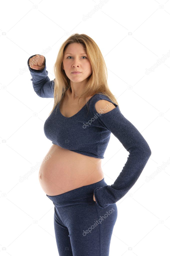 Aggressive pregnant woman in a dark suit isolated on white